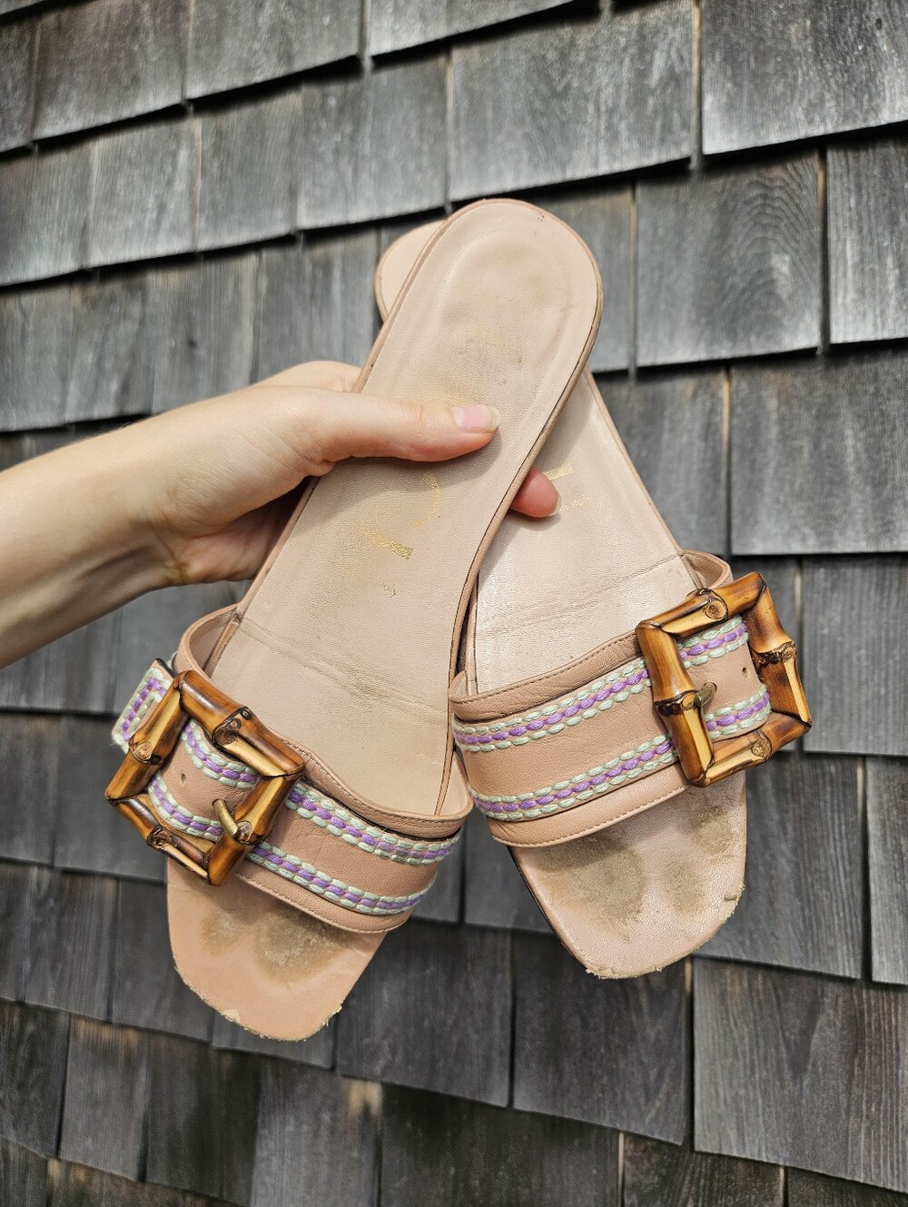 GucciBamboo Accent Leather Slides - Size 10.5 US (40.5)